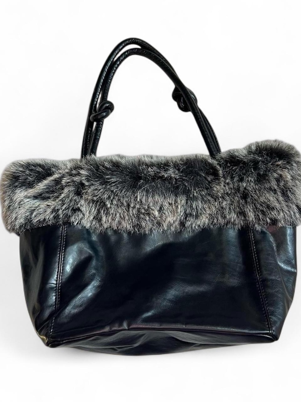 Stunning Black Leather Grey Fur Purse Shoulder Bag